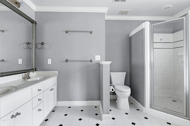 full bath featuring visible vents, ornamental molding, tile patterned floors, a shower stall, and a sink