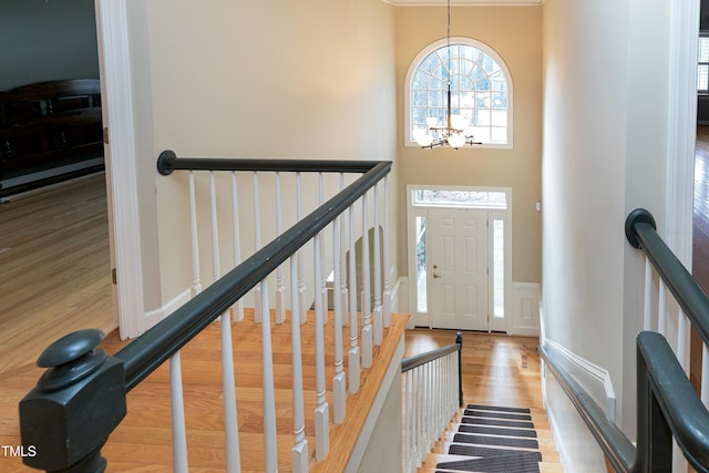 foyer entrance featuring a wainscoted wall, a decorative wall, a high ceiling, wood finished floors, and a chandelier