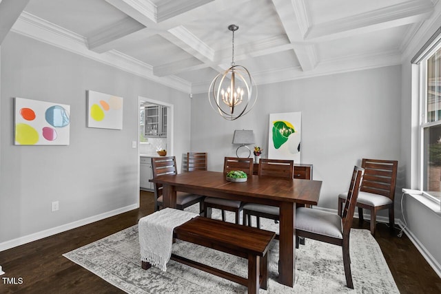 dining space featuring beam ceiling, coffered ceiling, baseboards, and dark wood-style flooring