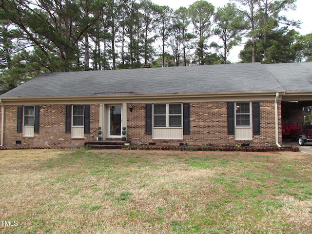 single story home with crawl space, a front lawn, brick siding, and a shingled roof