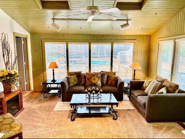 living area featuring a healthy amount of sunlight, wood ceiling, and carpet