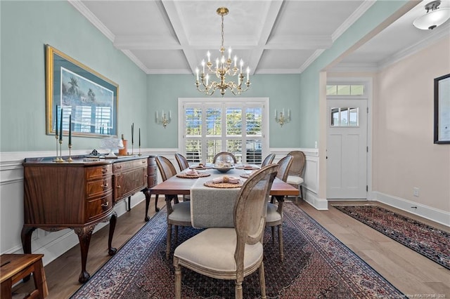 dining room featuring hardwood / wood-style floors, coffered ceiling, an inviting chandelier, and beam ceiling