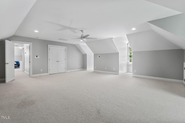 bonus room featuring recessed lighting, a ceiling fan, baseboards, and vaulted ceiling