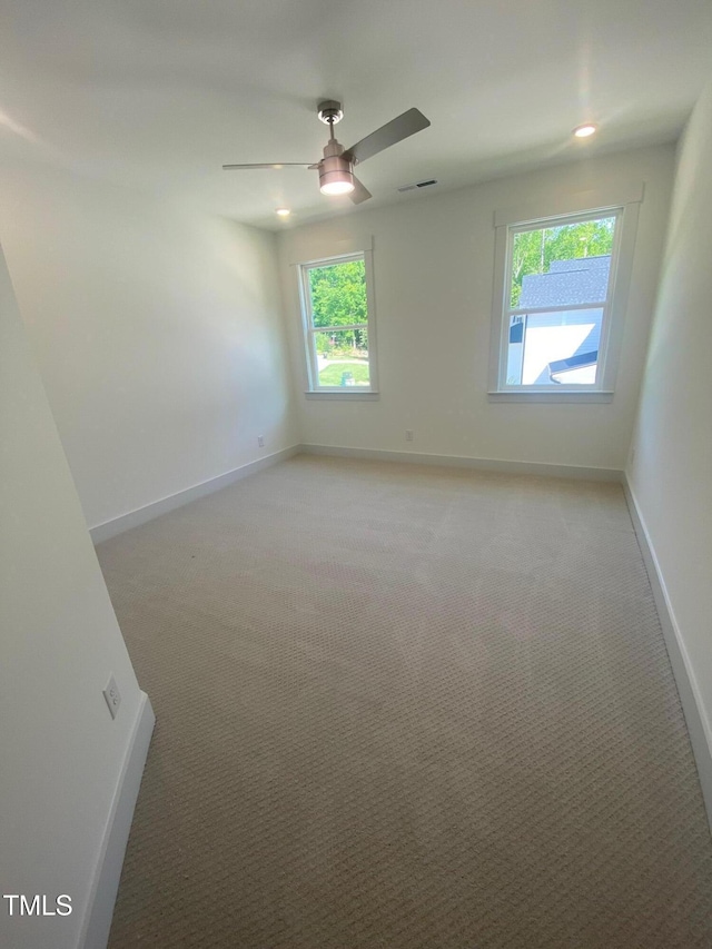 empty room with plenty of natural light, baseboards, and light colored carpet
