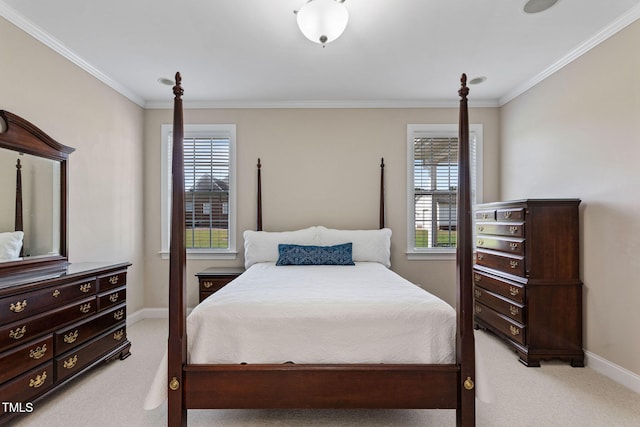 carpeted bedroom featuring ornamental molding and multiple windows