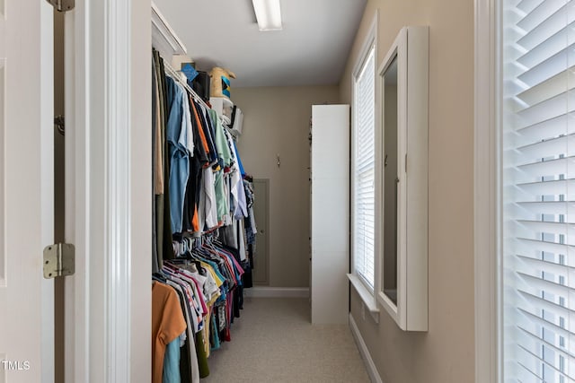 walk in closet featuring light carpet