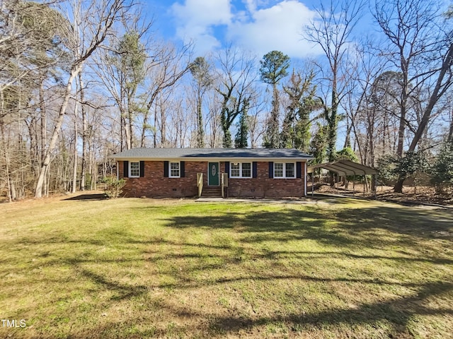 view of front of house featuring entry steps, brick siding, crawl space, a carport, and a front lawn