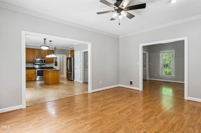 2006 Chedington Dr, Apex, NC 27502 - unfurnished living room with crown molding, a ceiling fan, and light wood-style flooring