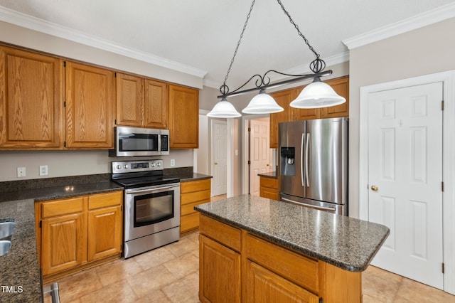 2006 Chedington Dr, Apex, NC 27502 - kitchen with stainless steel appliances, ornamental molding, brown cabinetry, a kitchen island, and dark stone counters