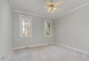 empty room featuring ornamental molding, carpet, a ceiling fan, and baseboards