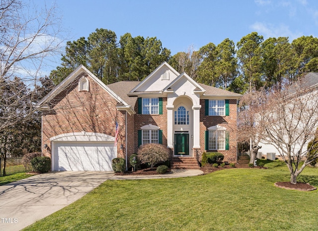 view of front of home featuring an attached garage, brick siding, fence, concrete driveway, and a front lawn