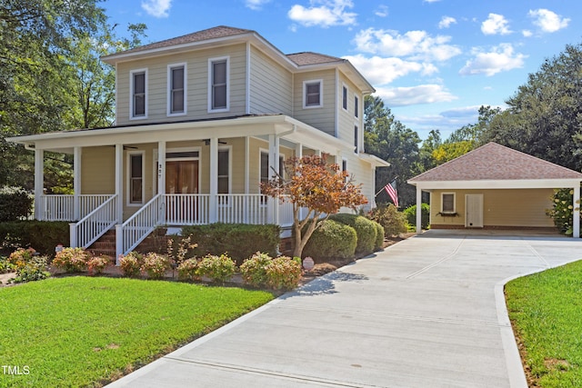 view of front of house with covered porch, driveway, a carport, and a front yard