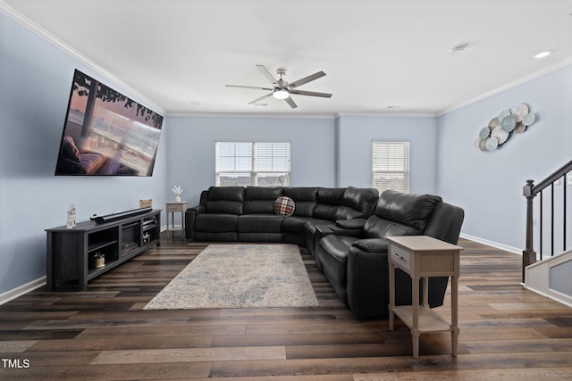 living room featuring stairs, baseboards, dark wood finished floors, and crown molding