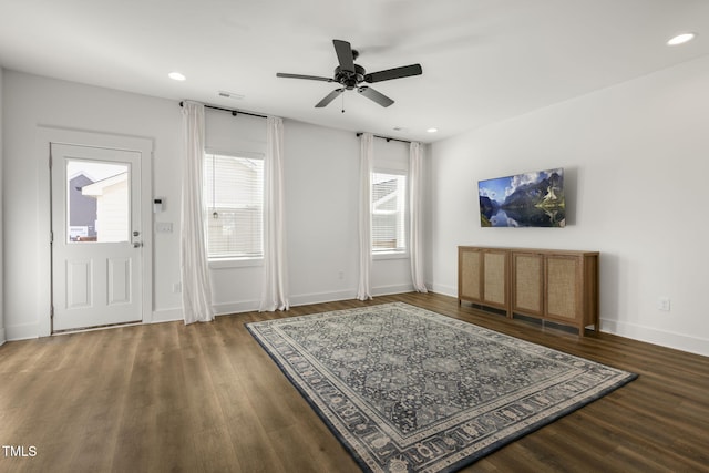 entrance foyer featuring recessed lighting, visible vents, a ceiling fan, wood finished floors, and baseboards