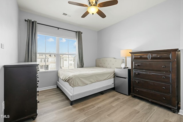 bedroom featuring ceiling fan and light hardwood / wood-style floors