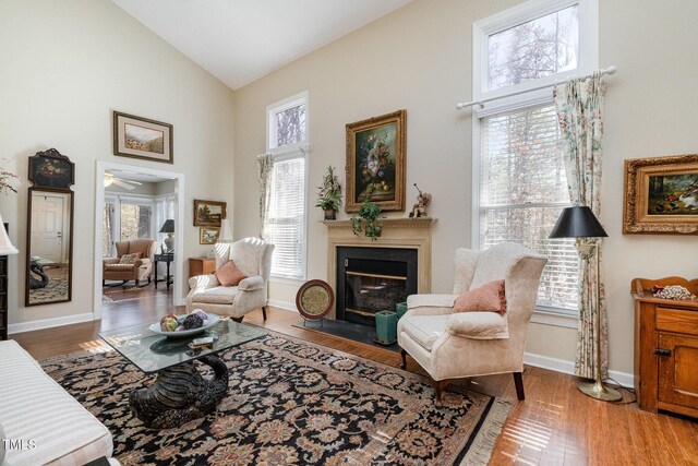 living area featuring a fireplace with flush hearth, wood finished floors, and a wealth of natural light