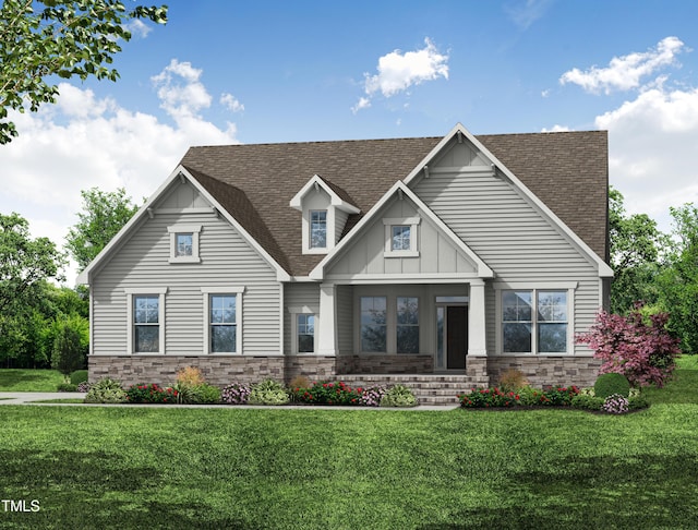 craftsman inspired home with stone siding, a shingled roof, board and batten siding, and a front yard