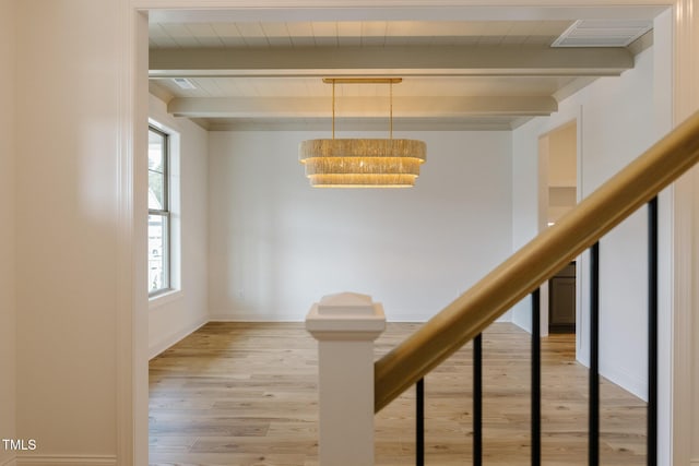 3521 Amelia Grace Dr Lot 67, Fuquay Varina, NC 27526 - staircase with beam ceiling, wood finished floors, baseboards, and a chandelier
