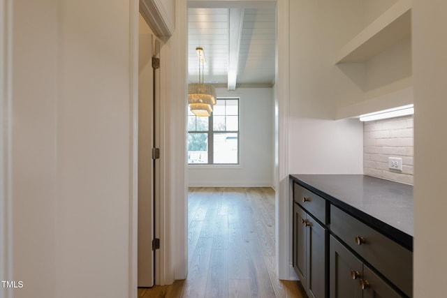 3521 Amelia Grace Dr Lot 67, Fuquay Varina, NC 27526 - hallway featuring light wood-style flooring and wood ceiling with exposed beams