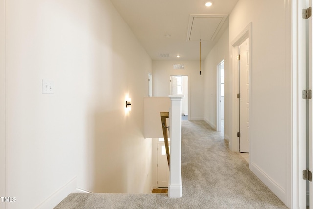3521 Amelia Grace Dr Lot 67, Fuquay Varina, NC 27526 - corridor featuring attic access, light colored carpet, an upstairs landing, baseboards, and recessed lighting
