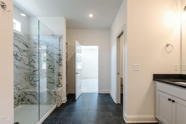 3521 Amelia Grace Dr Lot 67, Fuquay Varina, NC 27526 - full bath with a marble finish shower, vanity, recessed lighting, toilet, and baseboards