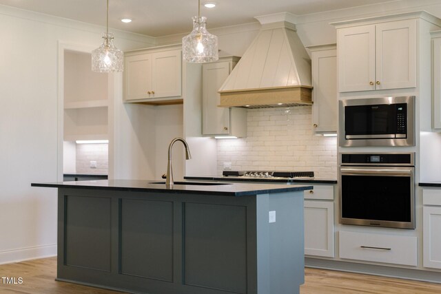 3521 Amelia Grace Dr Lot 67, Fuquay Varina, NC 27526 - kitchen featuring stainless steel appliances, premium range hood, a sink, dark countertops, and light wood finished floors