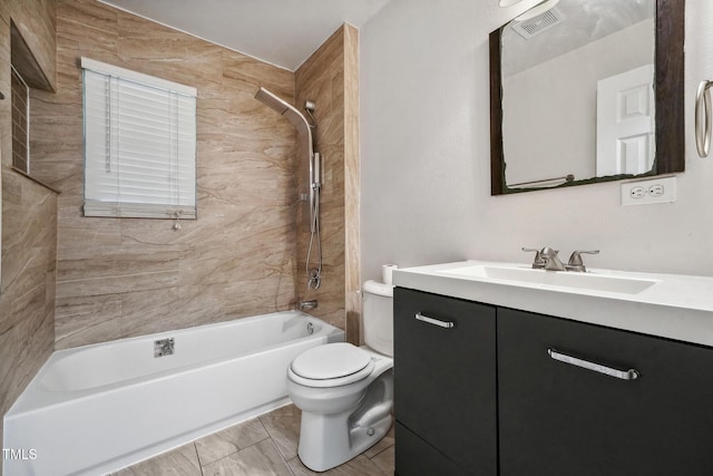 full bath with visible vents, washtub / shower combination, vanity, and toilet