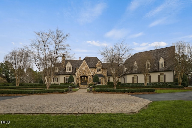 view of front of home featuring stone siding, a chimney, and a front lawn