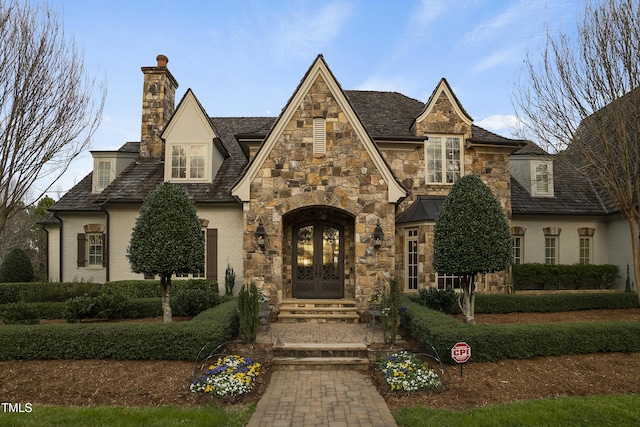 view of front facade with brick siding, french doors, and a chimney