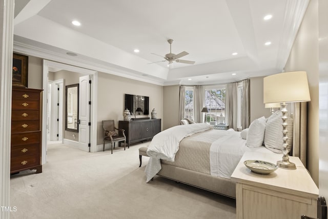 bedroom with baseboards, ceiling fan, light carpet, recessed lighting, and a raised ceiling