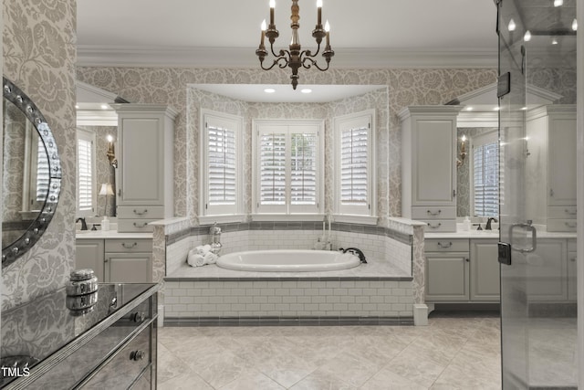 full bath with a bath, crown molding, and wallpapered walls