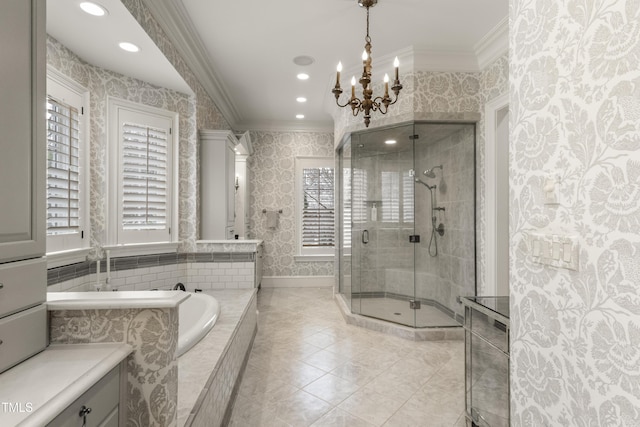 bathroom with a stall shower, ornamental molding, wallpapered walls, baseboards, and a bath