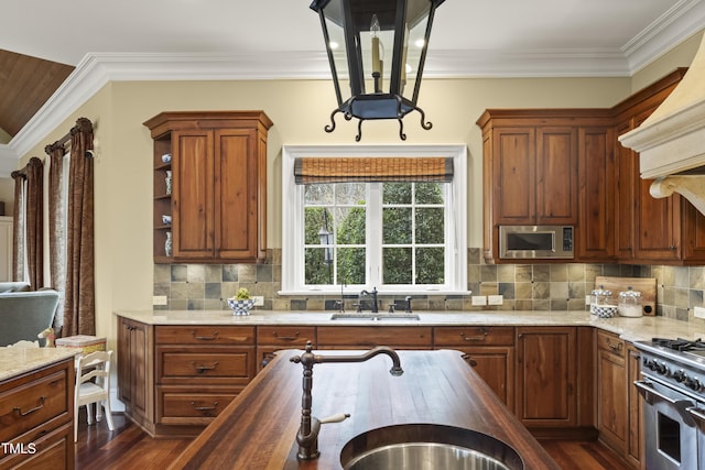 kitchen featuring a sink, decorative backsplash, dark wood-type flooring, and appliances with stainless steel finishes