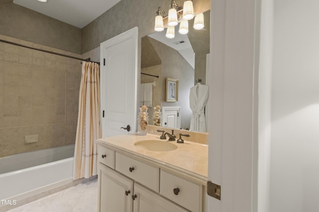 full bathroom with visible vents, shower / tub combo with curtain, tile patterned floors, a notable chandelier, and vanity