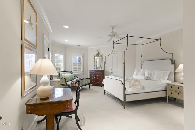 bedroom with recessed lighting, light colored carpet, and crown molding