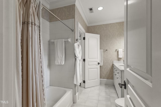 full bathroom with visible vents, wallpapered walls, crown molding, shower / tub combo with curtain, and vanity