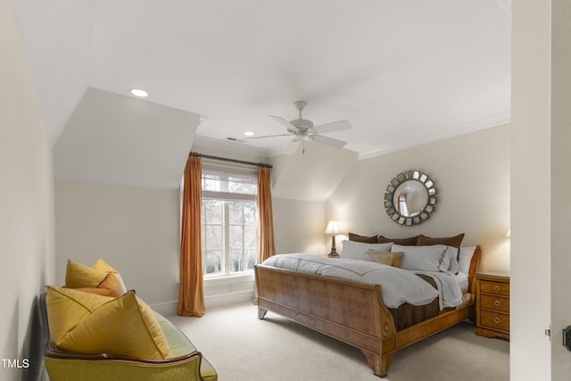 bedroom featuring visible vents, a ceiling fan, recessed lighting, carpet flooring, and vaulted ceiling