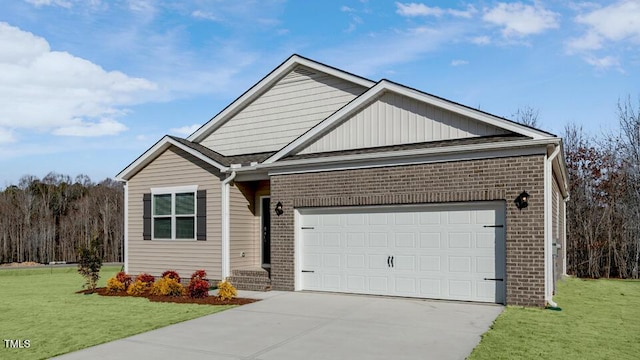 ranch-style home with a garage, driveway, brick siding, and a front yard