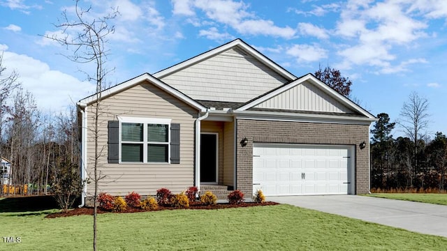 view of front of house with a garage, concrete driveway, brick siding, and a front yard