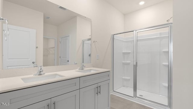 bathroom featuring double vanity, a sink, a walk in closet, and a shower stall