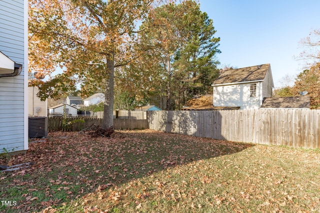 view of yard with central AC and a fenced backyard