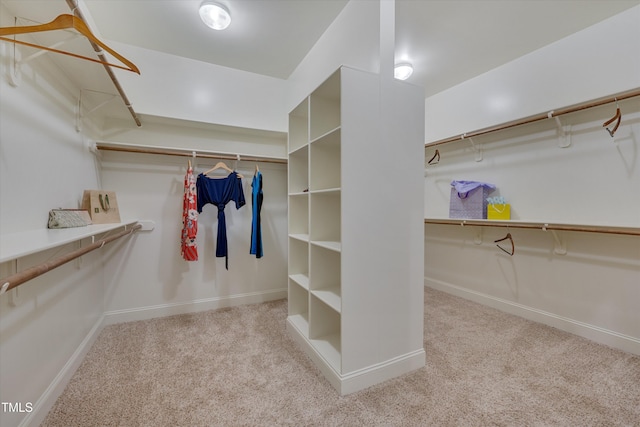 walk in closet featuring light carpet