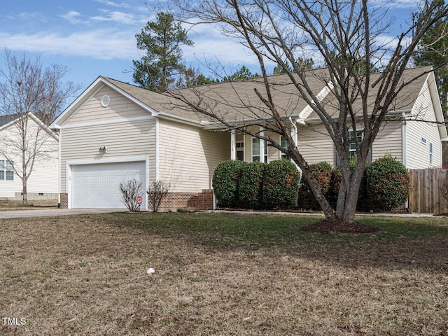 single story home with a front lawn, driveway, an attached garage, and fence