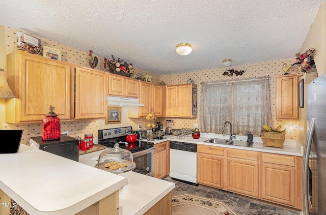 kitchen featuring a peninsula, a sink, stainless steel appliances, light countertops, and under cabinet range hood