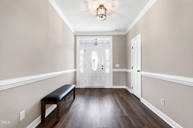 foyer with baseboards, ornamental molding, and dark wood-type flooring