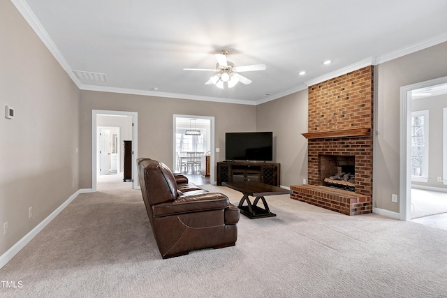 carpeted living area with ornamental molding, a brick fireplace, visible vents, and baseboards