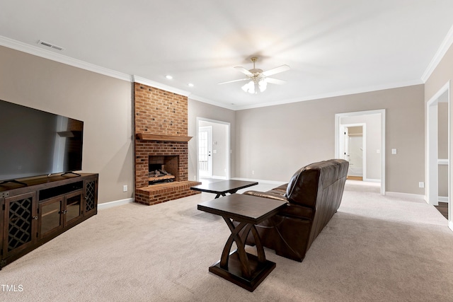 living area featuring ornamental molding, carpet flooring, visible vents, and baseboards