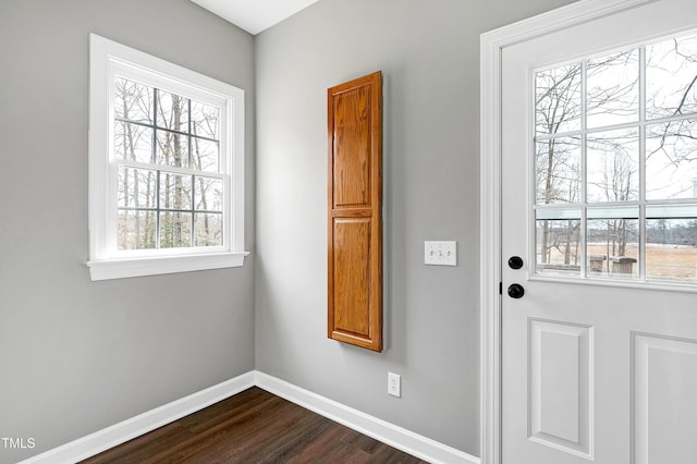 entryway with baseboards and dark wood-style flooring