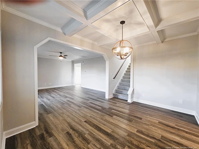 empty room with dark hardwood / wood-style flooring, ceiling fan with notable chandelier, beam ceiling, and coffered ceiling