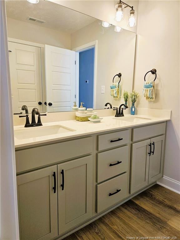 bathroom with hardwood / wood-style flooring and vanity